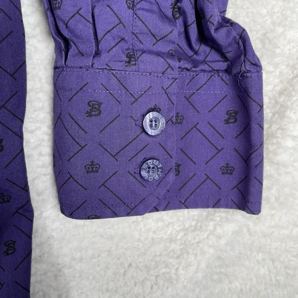 Vintage South Pole Shirt Mens 2XL XXL Purple AOP Print Logos Button Long Sleeve
